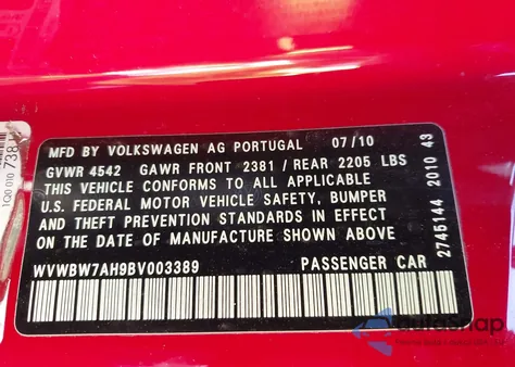 2011 Volkswagen Eos Komfort from USA, damaged, VIN WVWBW7AH9BV003389